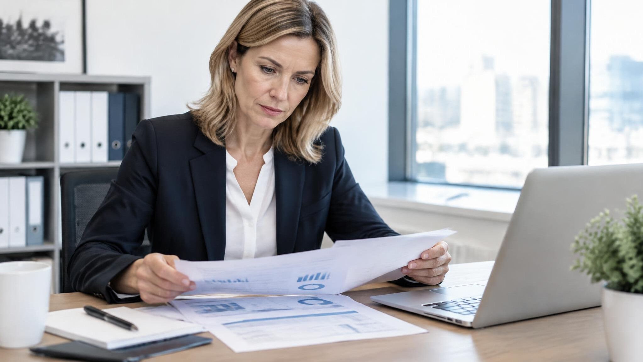 Businesswoman reviewing compliance reports at desk