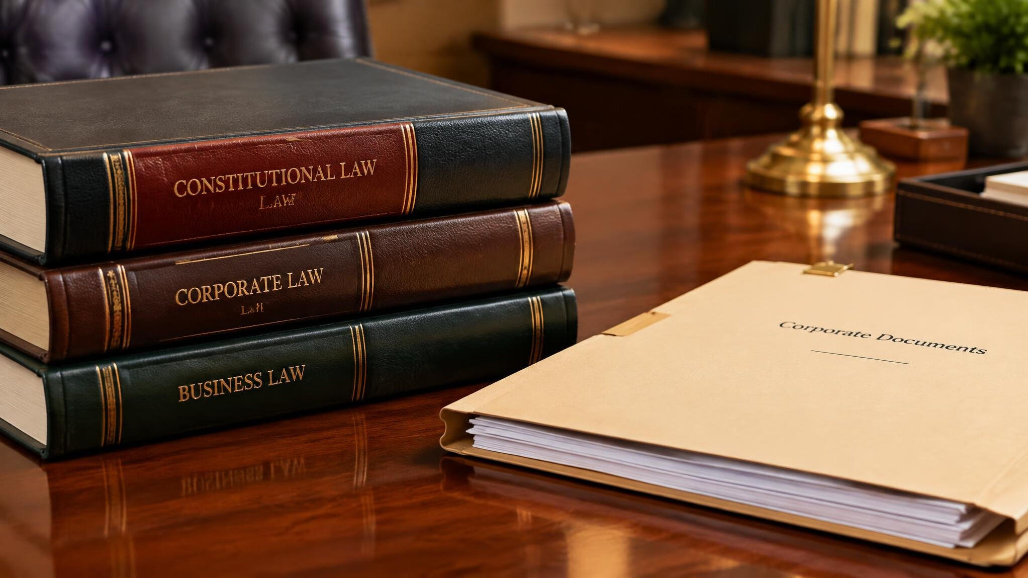 Stack of legal books and documents on a wooden desk
