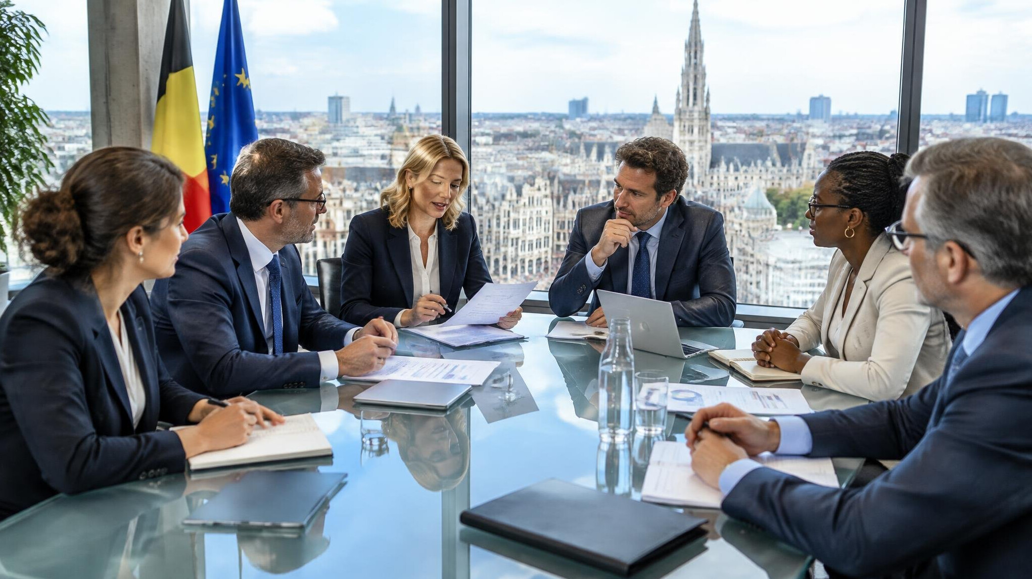 Business executives meeting around a table in a modern Brussels office